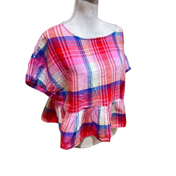 C&C California Colorful pink Plaid Peplum short sleeve linen Blouse size large - Picture 3 of 9